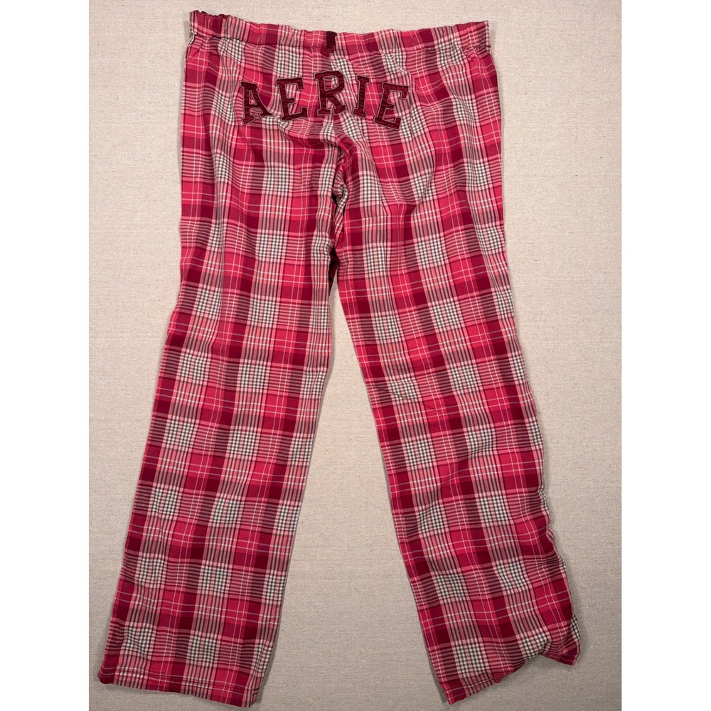 Aerie Red Pink Plaid Pajama Pants Cotton Roll Tab Hem Logo Back Small